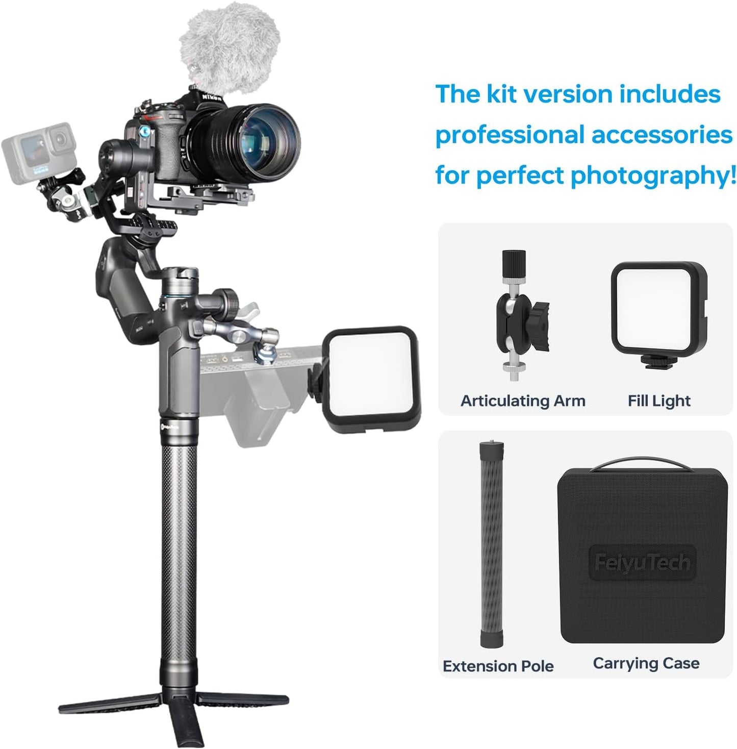 FeiyuTech SCORP Mini 3 Pro [Kit] Camera Gimbal – AI 4.0 Tracking, Detachable Handle [Bag+Fill Light+Extension Pole] 4.4lbs Payload – Gimbal Stabilizer for Mirrorless,Compact,Action Cam & Smartphones