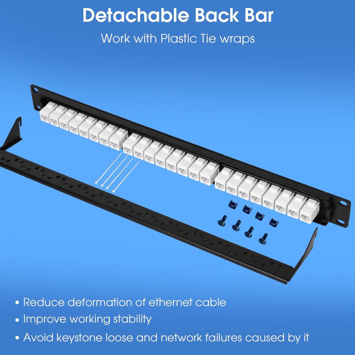 24 Port Keystone Patch Panel, 1U 19-inch RJ45 Network Patch Panel with Back Bar, Loaded with 24 Cat6 Couplers (White)