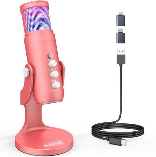 ZealSound USB Gaming Microphone for iPhone PC Type C Phone,Noise Cancellation,K66 RGB Condenser Mic with Controllable Led Lights,Echo,Touch Mute,Monitor,Gain for Podcast,Gaming,Podcasting,ASMR (Pink)
