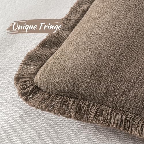 MIULEE Linen Fringe Decorative Fall Euro Pillow Covers Cocoa Brown 22x22 - Image 3
