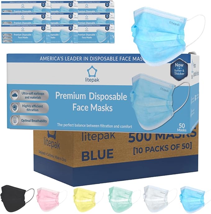 Litepak 500pcs Premium Disposable Face Mask SOFT 3ply Nose Wire by Litepak