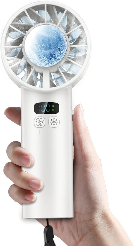 2025 Portable Handheld Ice Fan, Turbo Cooling Fans, 5200mAh, 100 Gear Hurricane Wind, ANC Silent Motor, Digital Display, USB C Rechargeable, Mini Icy Personal Electric Fan for Outdoor & Indoor (White)