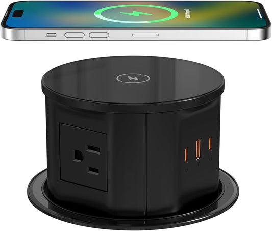 Pop up Outlet for Countertop with Wireless Charger,45W USB C Port, 4.7'' Diameter Round Pop Up Counter Outlet with AC Outlets,USB Ports,Hidden Outlet,Pop Out Outlet