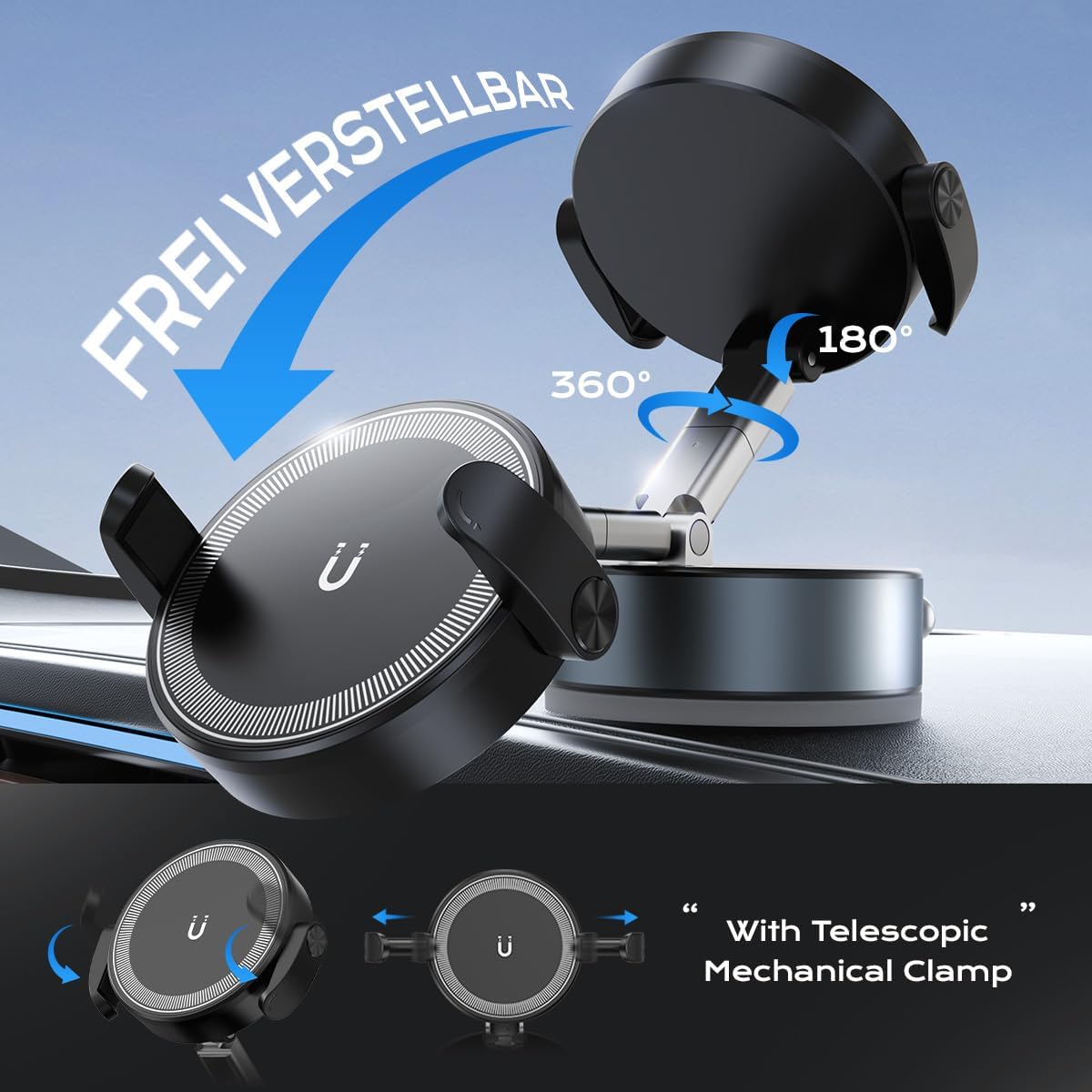 360° Rotation Clip on Car Phone Mount, 2 IN 1 Adjustable Magnetic Car Phone Holder Vacuum Suction Cup Phone Stand Foldable Cellphone Mount with Concealable Ears for All Smartphones