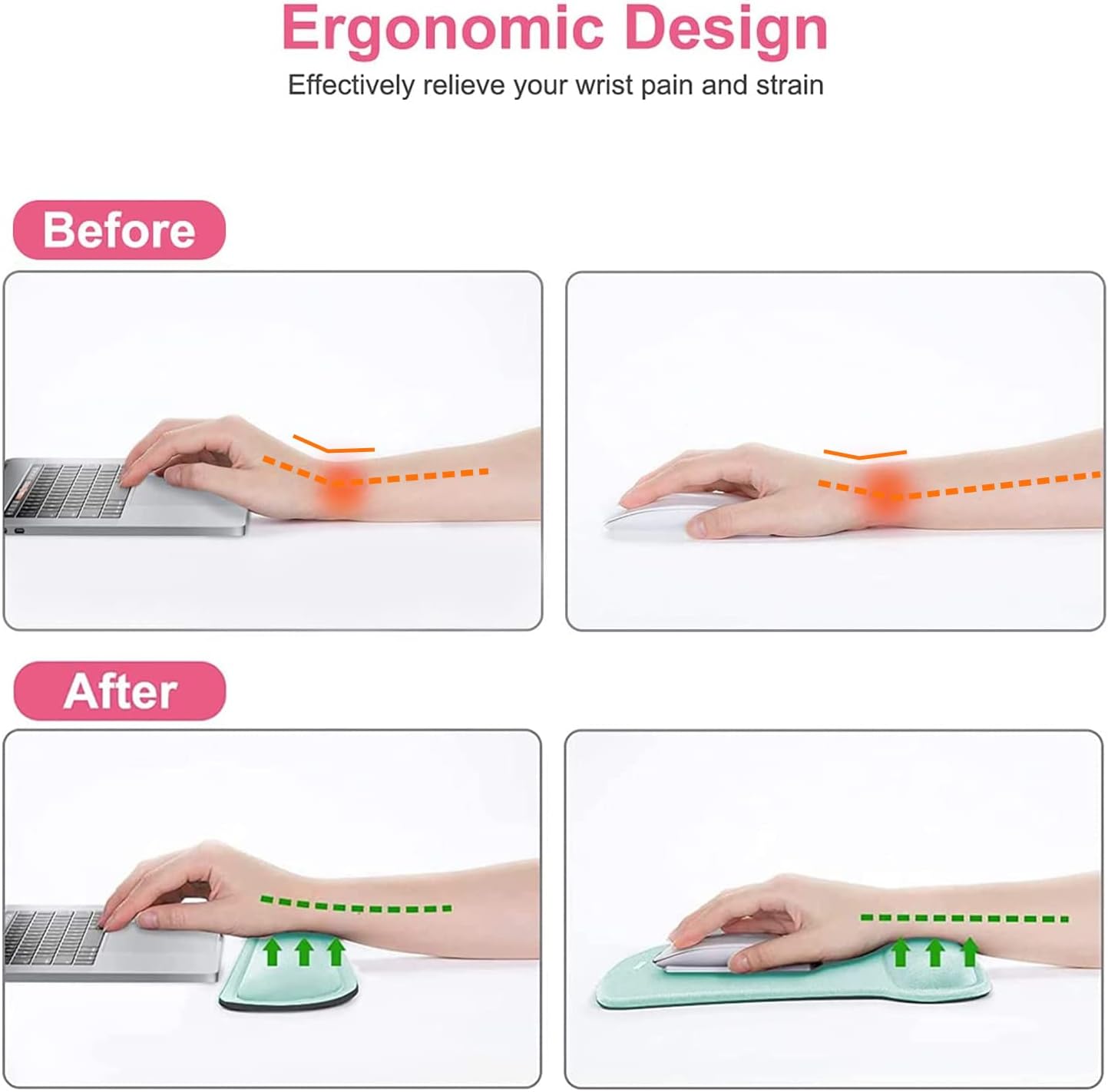 MOSISO Wrist Rest Support for Mouse Pad & Keyboard Set, Ergonomic Mousepad Non-Slip Base Home/Office Pain Relief & Easy Typing Cushion with Neoprene Cloth & Raised Memory Foam, Mint Green