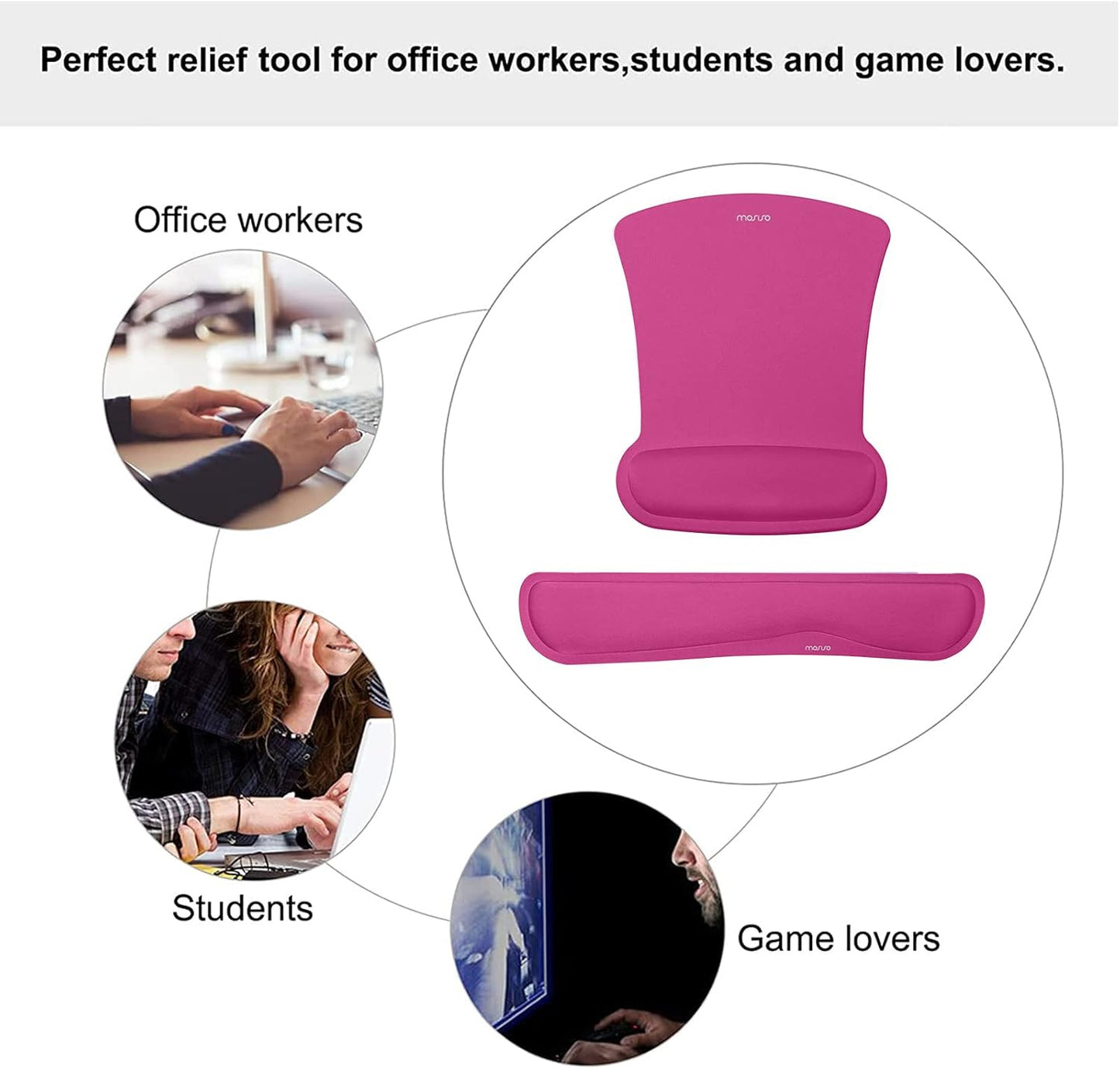 MOSISO Wrist Rest Support for Mouse Pad & Keyboard Set, Ergonomic Mousepad Non-Slip Base Home/Office Pain Relief & Easy Typing Cushion with Neoprene Cloth & Raised Memory Foam, Rose Red