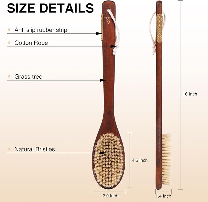 Wooden Bath Brush with Stiff Sisal Bristles Long Handle - Image 4