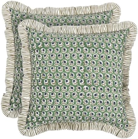 Ridhi Basil Green Block Print Ruffle Pillow Covers 20x20 Inch Set of 2 by Ridhi