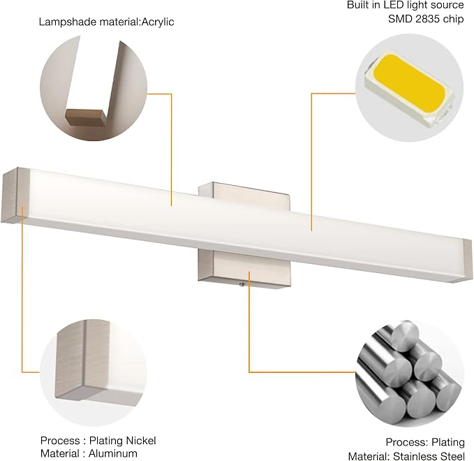 LED Bathroom Vanity Light Fixtures 33.5in Brushed Nickel, Dimmable18W 4000K - Image 4