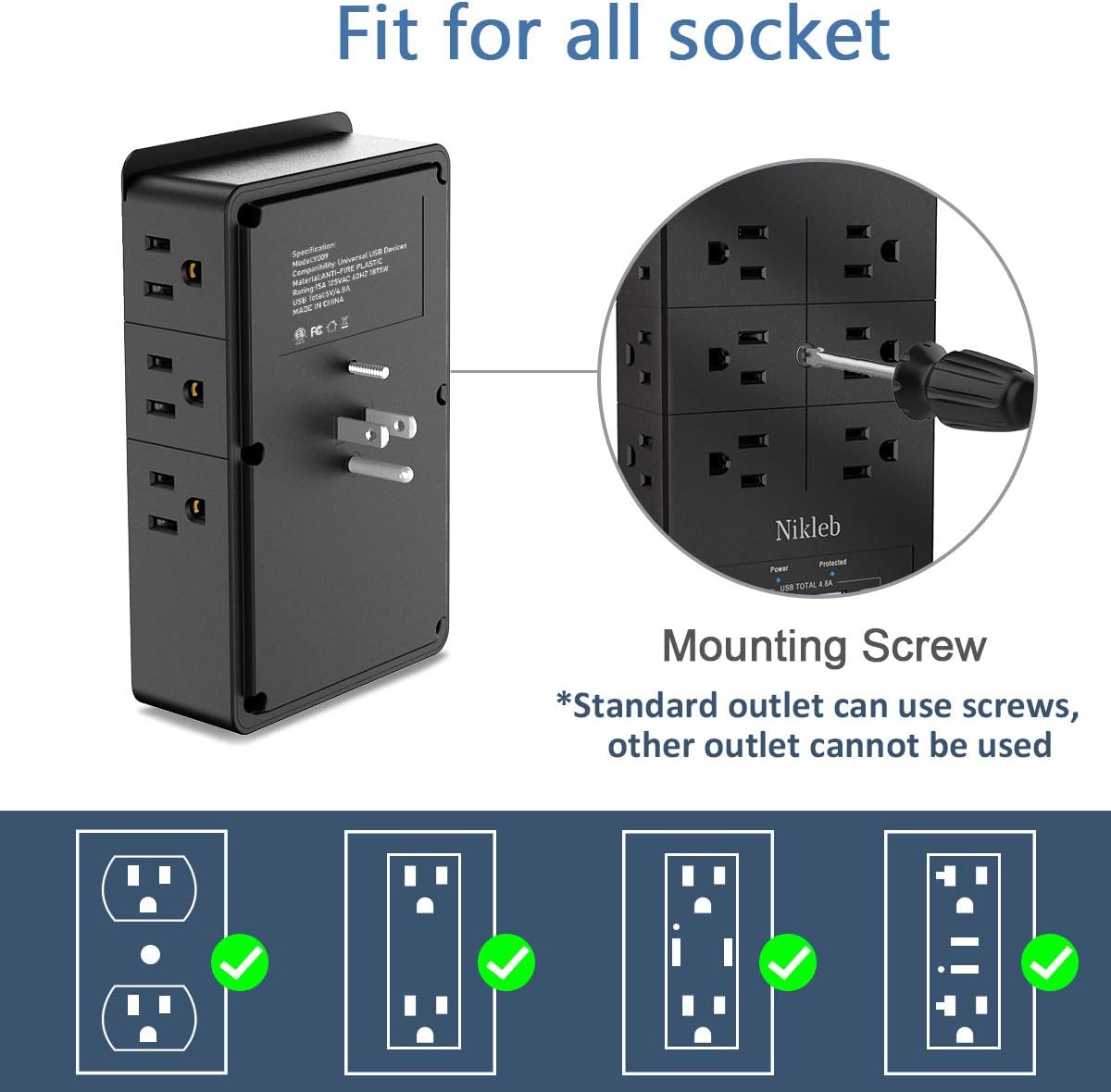 Surge Protector Wall Charger, 12 Wide AC Outlets Power Strip, 4 Ports USB Charging Blocks, Multiple Plug Adapter Wall Mount, Plug Extender Heavy Duty, Outlet Splitter for Home, Office Supplies