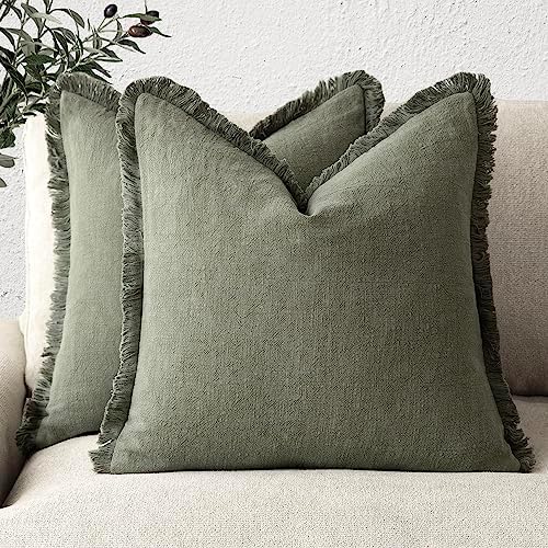 Foindtower Decorative Linen Fringe Throw Pillow Covers 20×20 Olive Green by Foindtower