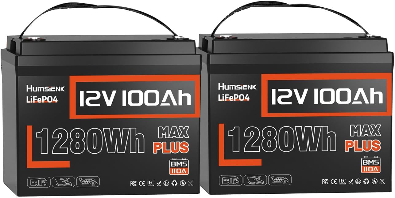 12V 100Ah LiFePO4 Battery MAX PLUS 2 Pack - 110A BMS with Low Temp Cutoff | 15000+ Deep Cycles for RV Solar Marine Trolling Motor | Off-Grid Backup Power Rechargeable Lithium Iron Phosphate Battery