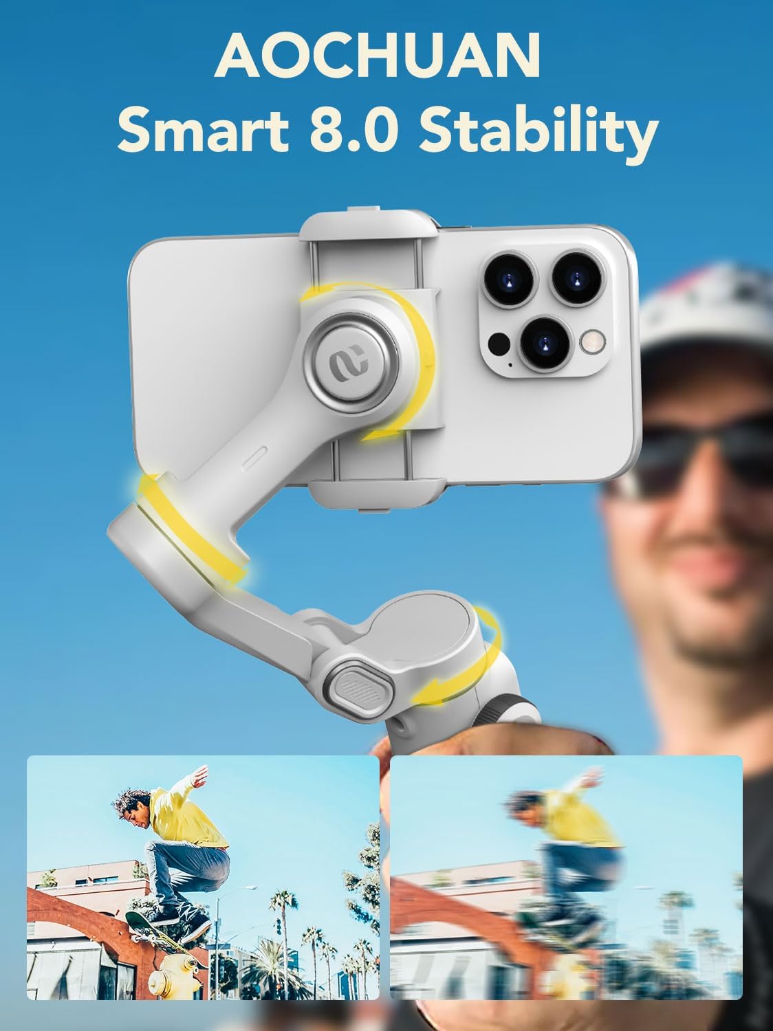 Smart X2 Gimbal Stabilizer for iPhone, Built-in 20cm Extension Rod, 3-axis Handheld Smartphone Gimbal, Foldable Phone Tracking Tripod Selfie Stick w/OLED Display, Video Recording, White