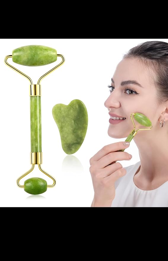 Jade Roller and Gua Sha Set, Natural Green Stone Facial Massage Tools - Image 4