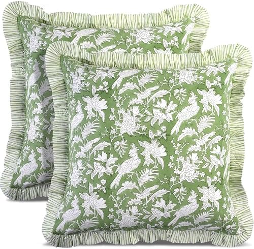 CPC Olive Green Ruffle Throw Pillow Covers by COTTONPRINTCLUB