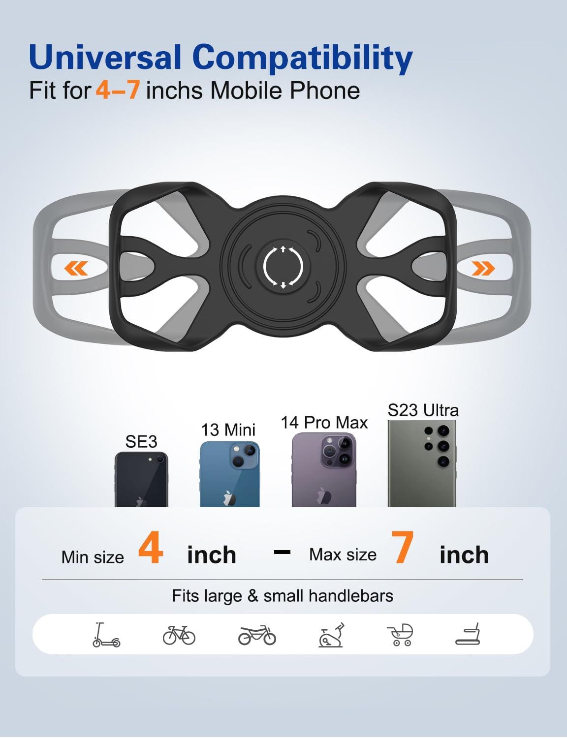 Bike Phone Holder, Motorcycle Cell Phone Mount- 360° Rotatable, Silicone Bicycle Phone Mount for Motorcycle Bicycle Scooter, for 15 Pro Max / 14/13, S10 and More 4.7-6.8" Phone