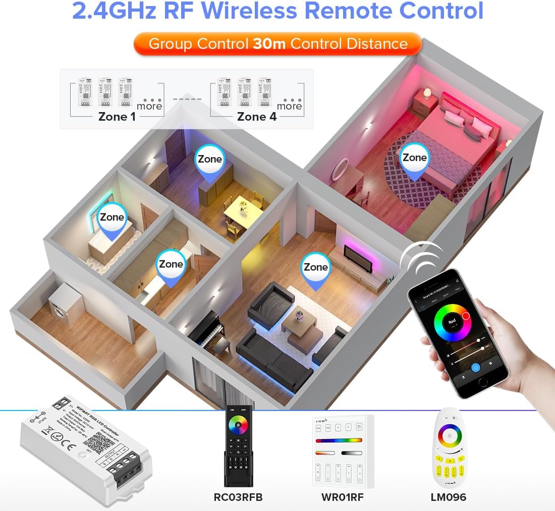 BTF-LIGHTING C03W RGB PWM SMD FCOB (+ R G B) 4PIN LED Strip 2.4GHz Tuya WiFi Group Controller Alexa Google Home Smartphone APP Control Compatible with WR01RF RC03RFB RC04RFB RC05RFB Remote