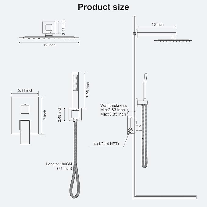 FPXRNG Shower Faucet Set Bathroom Square Rain Shower Head and Handle Set - Image 6