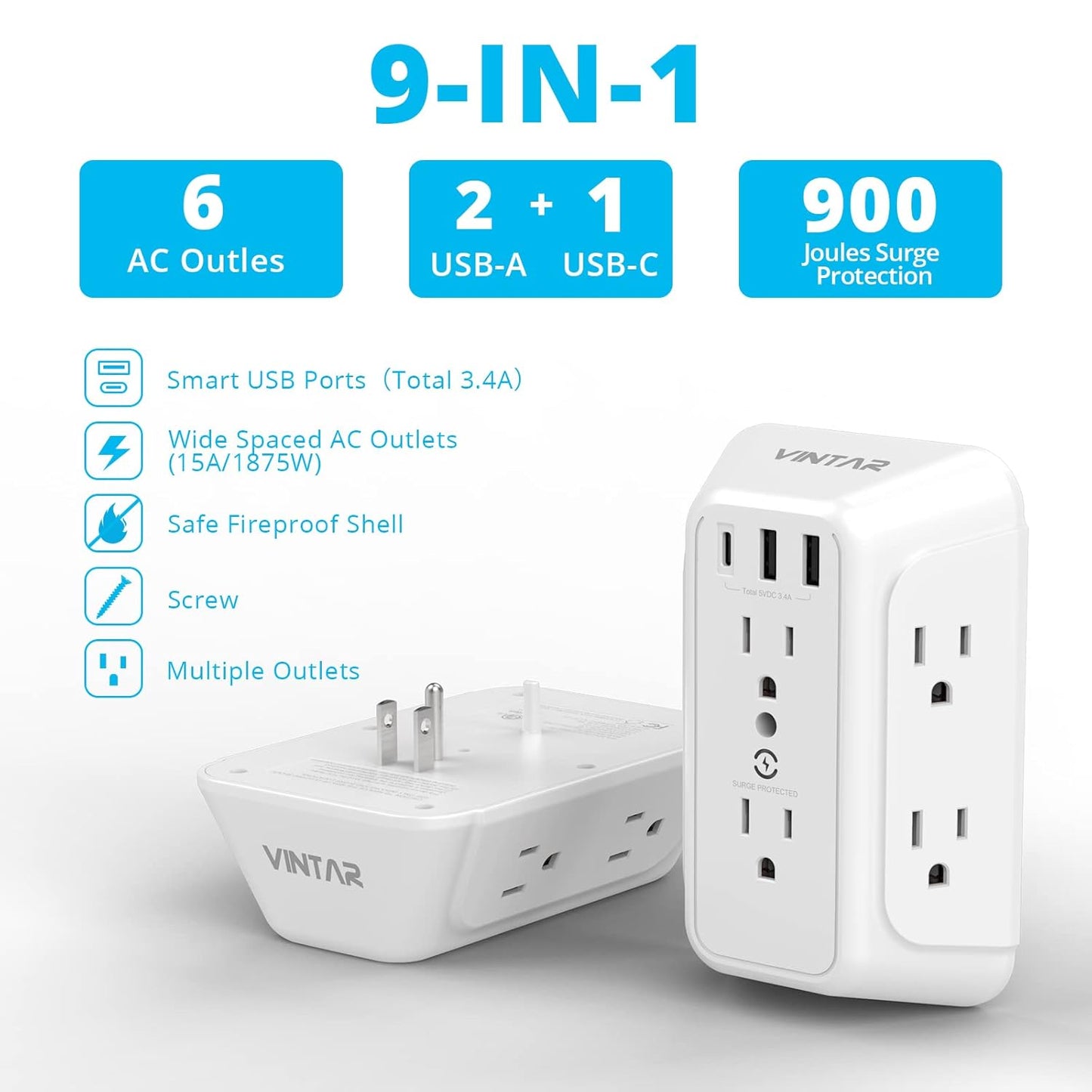 [2-Pack] USB Wall Charger,Surge Protector,6 Outlet Extender with 3 USB Charging Ports(1 USB C Outlet,3.4A) 900J Power Strip Multi Plug Outlets,Wall Mount Power Strip for Home Travel Office ETL Listed