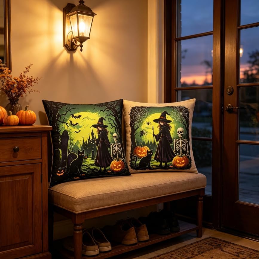 Halloween Throw Pillow Covers, Witch and Skeleton Design, 18x18 Inch, Machine - Image 2