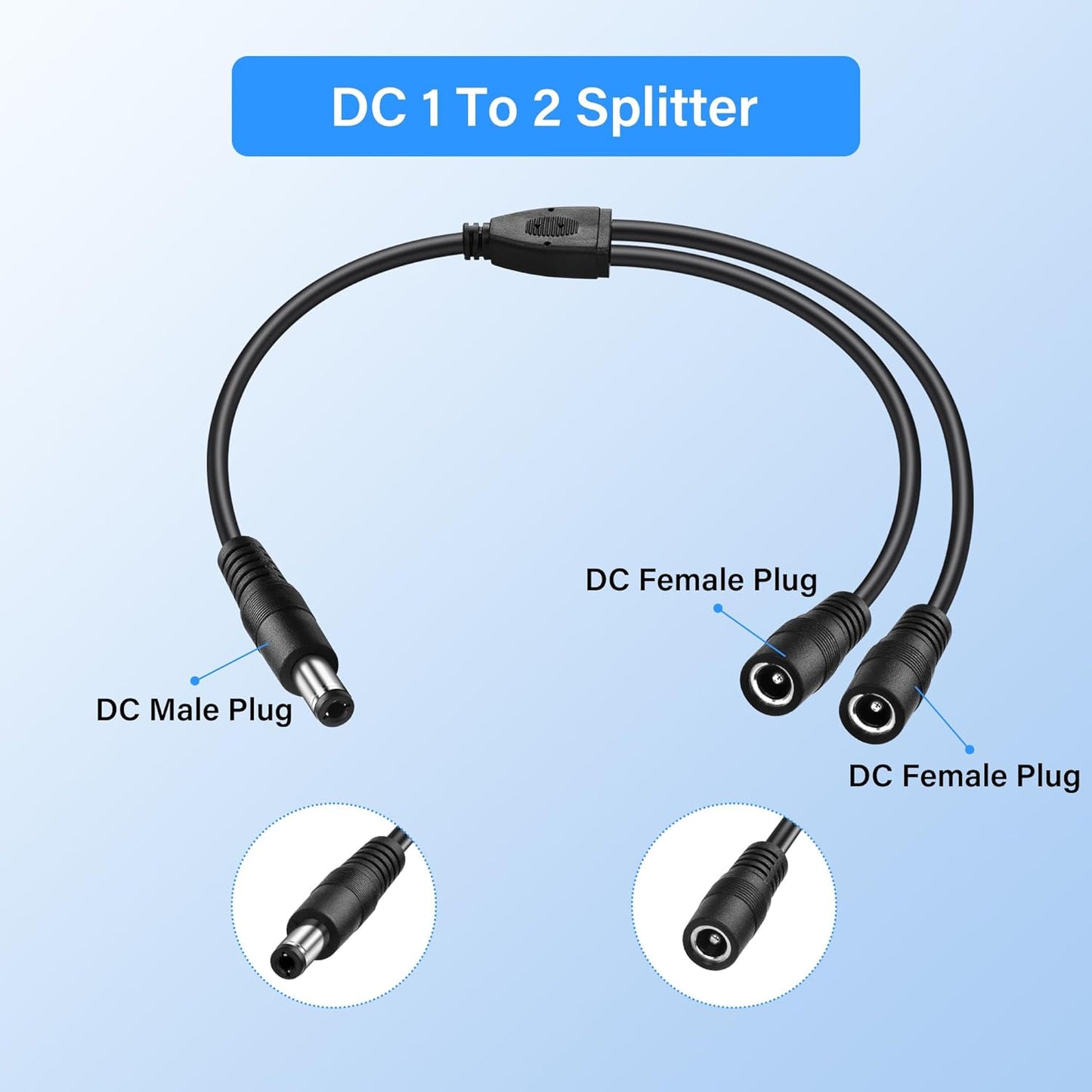 PNGKNYOCN DC 5.5x2.5mm 1 Male to 2 Female Power Supply Splitter Cord 30CM, Y Splitter Adapter Cord ，for CCTV Cameras DVR, LED Light Strip (2-Pack)