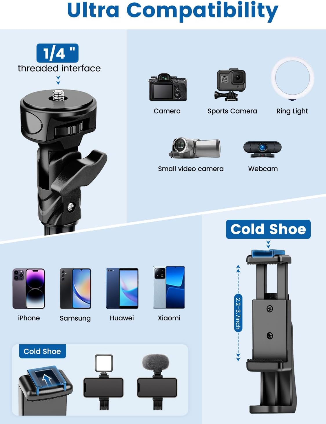 Phone Tripod, 72" Camera Stand Tripod with Remote and Phone Holder, Stable & Adjustable Tall, Suit for iPhone/Digital Camera
