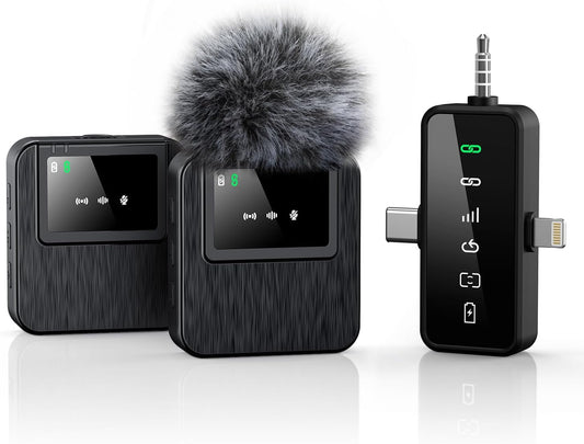 3-in-1 Mini Microphone for iPhone, Android, Camera - 328ft Long Range, 20H Battery Life, Wireless Microphones, Lapel Mic with AI Noise Reduction for Video Recording, YouTube, TikTok