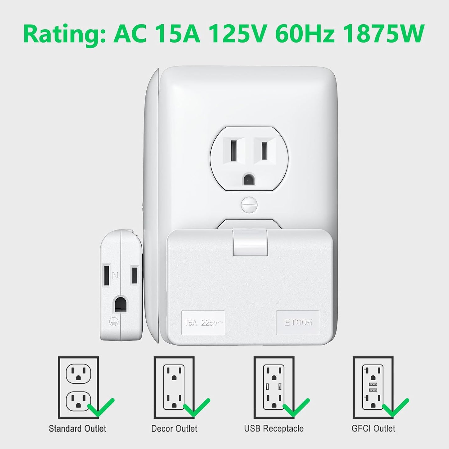 2-Prong/3-Prong Swivel Adapter, Polarized Grounding Converter with Flat Wall Plug, Fireproof 3-Outlet for Home Use (2 Pack)