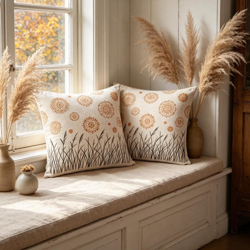 Boho Floral Reed Throw Pillow Covers Set of 2, 18x18 Inch - Image 4