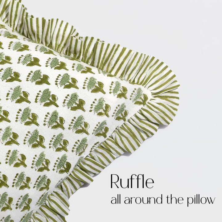 CPC Block Print Emerald Green Ruffle Cotton Lumbar Pillow Cover 12x20 inch - Image 5