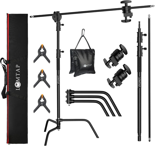 LOMTAP C Stand Light Stand Stainless Metal Photography Kit - Heavy Duty 6.8ft/210cm Vertical Pole, 2.8ft/87cm Boom Arm, Adjustable Base, Water Sandbag, 2 Grip Heads, 3 Clips for Softbox, Reflector