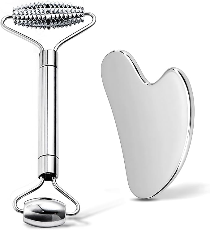 Gua Sha Facial Tools and Face Roller Set, Stainless Steel Facial Sculpting Eyes by Unknown