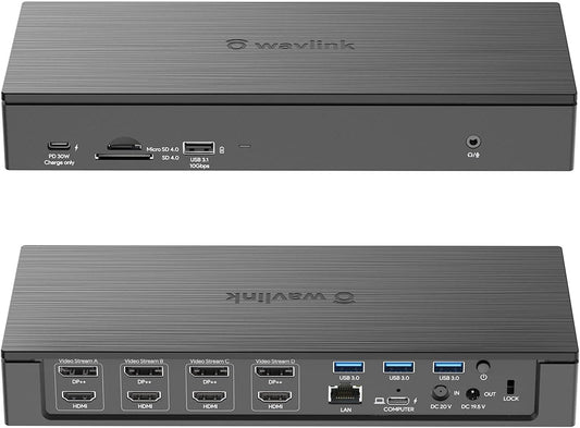 WAVLINK DisplayLink Laptop Docking Station - Quad Monitor 5K/4K@60Hz, 100W Charging - Thunderbolt 4/3, USB-C/A - M1 M2 Mac/Windows/Chrome/Ubuntu - 4 HDMI, 4 DP, 180W Power, SD 4.0 CR, 2.5Gbps LAN