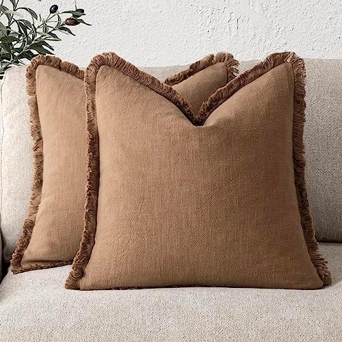 Foindtower Decorative Linen Fringe Throw Pillow Covers 22×22 Khaki Brown by Foindtower