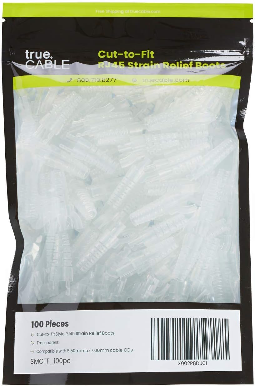 trueCABLE RJ45 Strain Relief Boots, Small 5.5 to 7.0mm Cut-to-Fit PVC Plug Cover, Transparent, 100 Pieces