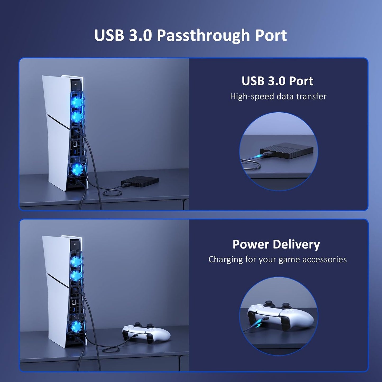 NexiGo PS5 Slim Silent Enhanced Cooling Fan with Adjustable Speed, Auto Power On/Off, with USB 3.0 Port, Efficient Cooling System for Both PS5 Slim Disc and Digital Editions