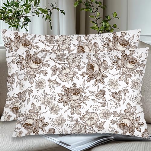 Brown and White Porcelain Floral Throw Pillow Cases Queen Size Set of 2 - Image 3