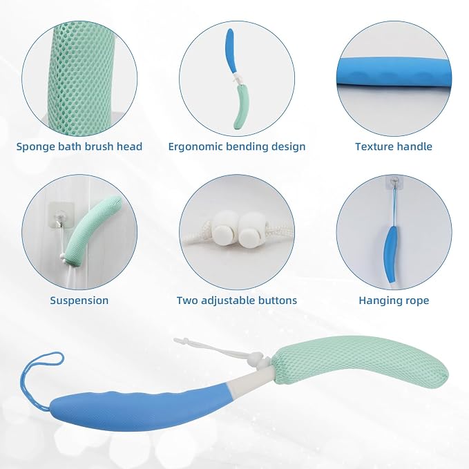 15.35" Back Bath Brush with Sponge, Back Scrubber Bath Mesh with Curved Long - Image 5
