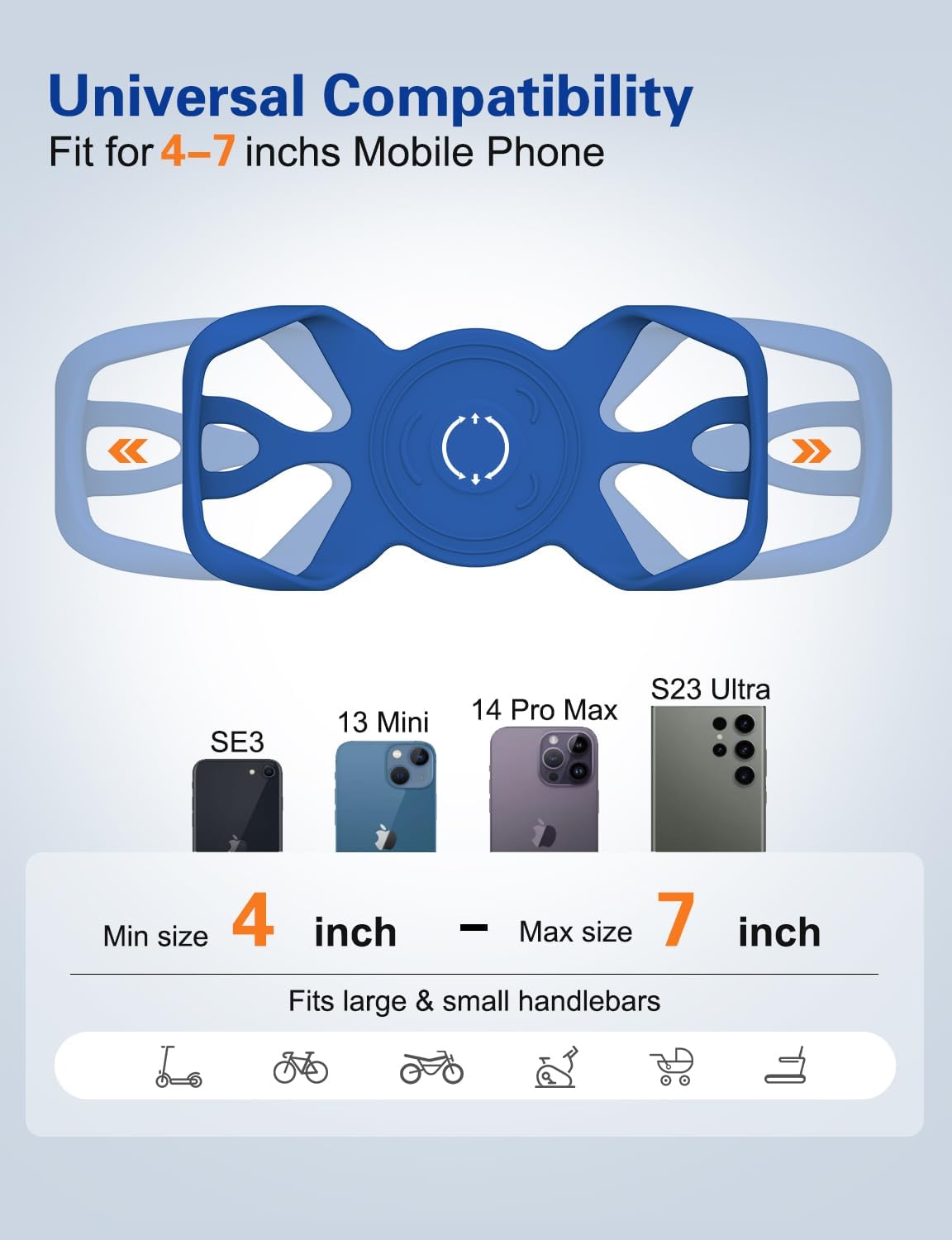 Detachable Bike Phone Mount, Universal Bicycle Phone Holder- 360° Rotatable, Silicone Bicycle Phone Holder for 16 Pro Max / 15, S10 and More 4.7-6.8" Phone, Blue