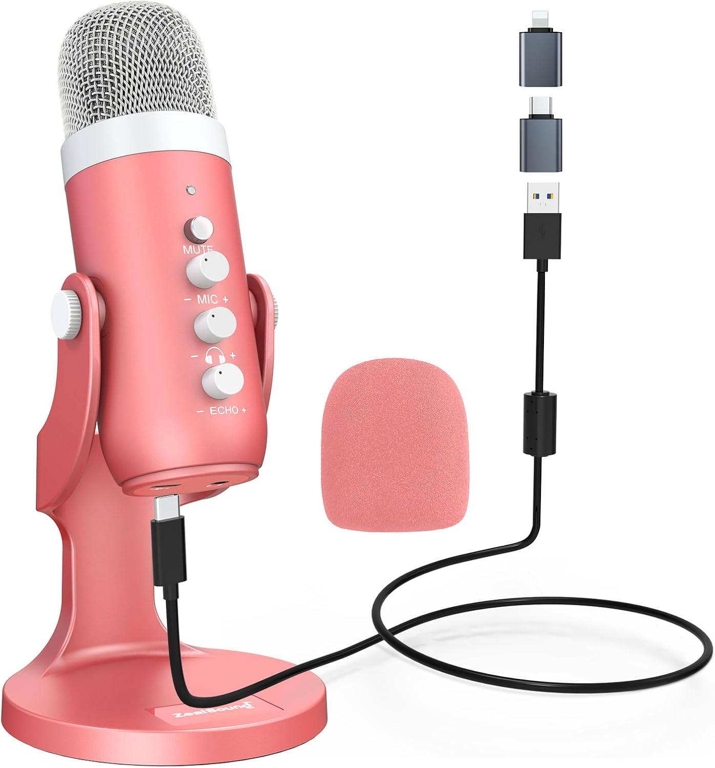 ZealSound USB Microphone,Condenser Computer Mic,Plug&Play Gaming Microphones for PS 4&5.Headphone Output&Volume Control,Mic Gain Control,Mute Button,YouTube Podcast on Mac&Windows Pearlescent Pink