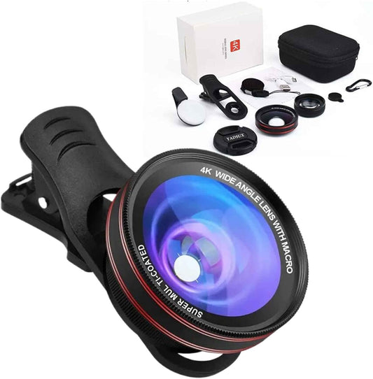 4K HD 0.45X Wide Angle Lens + 15X Macro Lens for iPhone Samsung - with Mini Selfie Ring Light, Quick Clip, Release Strap, Cleaning Cloth & Travel Case - Universal Phone Camera Lens Kit for Photography