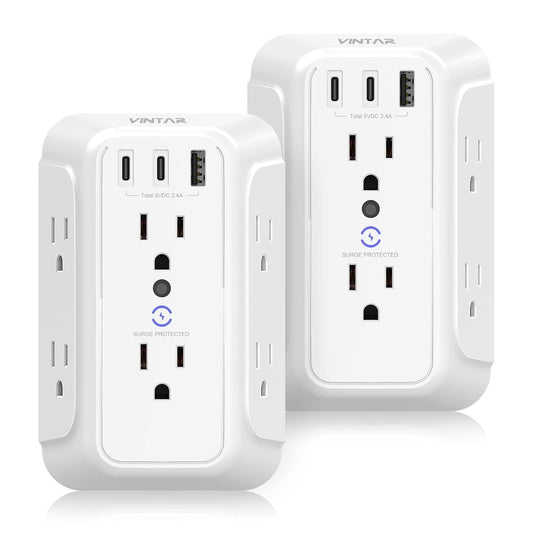 [2-Pack] Surge Protector Outlet Extender, VINTAR 6 Outlet Splitter with 3 USB Charging Ports (2 USB C),900J Multi Plug Outlet Power Strip, 3-Sided Usb Wall Charger for Home Office Dorm Room Essentials