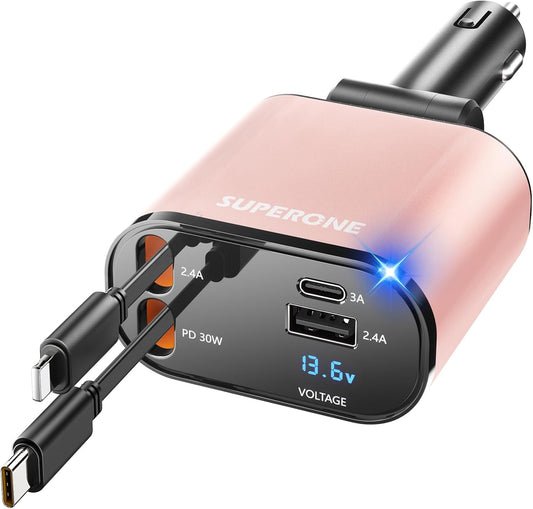 【Upgraded】 SUPERONE Retractable Car Charger 4 in 1, Fast Car Phone Charger with Cord 2.6ft, USB C Car Charger Adapter, Compatible with iPhone 15/15 Pro Max/14/13/12/11, Galaxy, Pixel