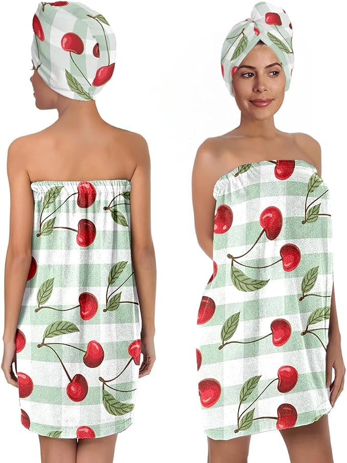 Cherry Print Bath Wrap Skirt and Hair Drying Cap Set – Absorbent Microfiber by QIULIBMH