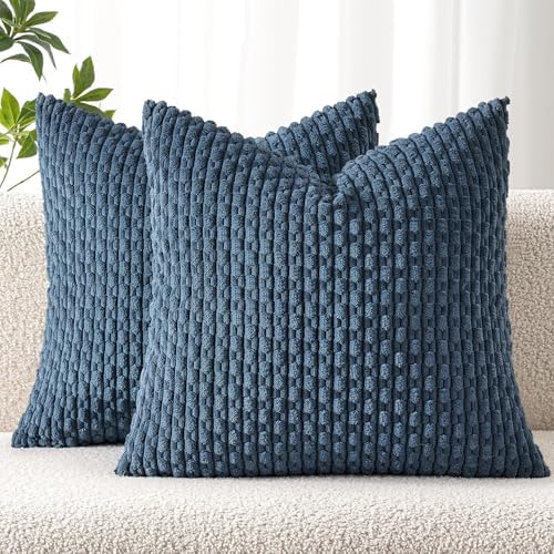 MIULEE Decorative Throw Pillow Covers 20x20 Blue Textured Corduroy by MIULEE