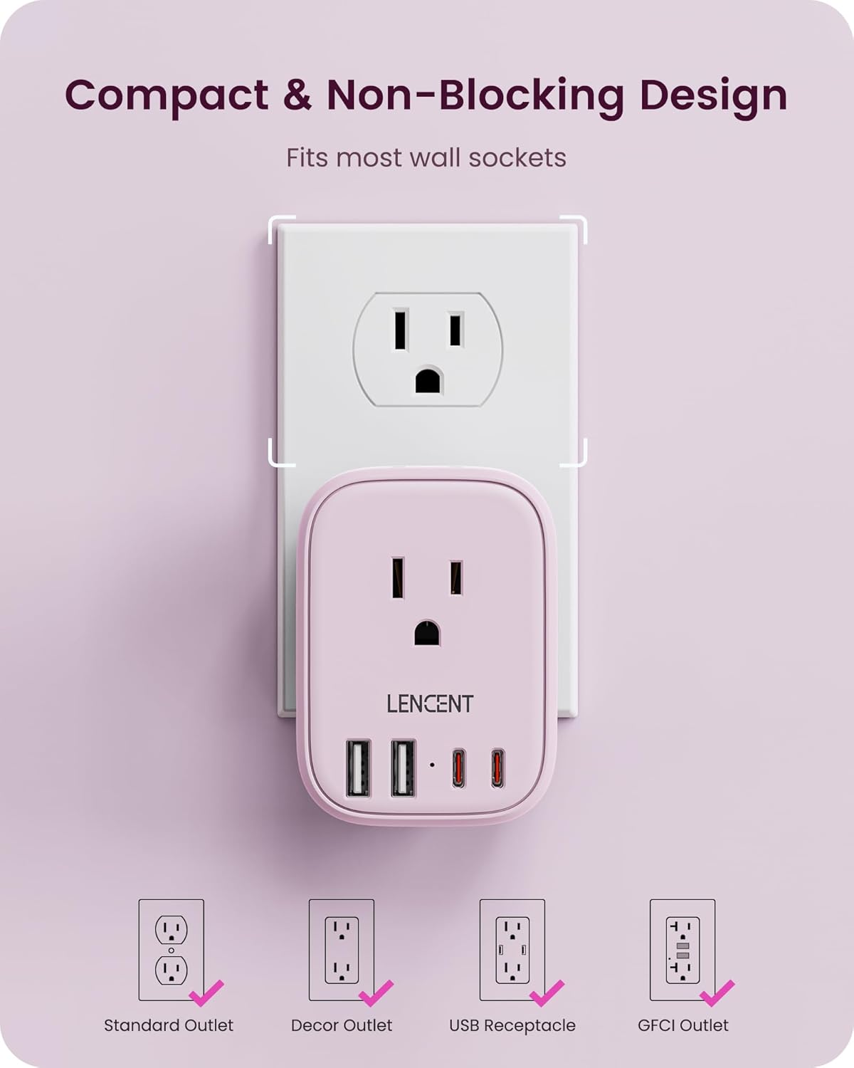 LENCENT Multi Plug Outlet Extender with USB C, 4 AC Electrical Outlet Expander with 4 USB Charger Cube, Small Multiple Wall Tap Plug Splitter for Home Office Travel Cruise Dorm Essentials- Pink