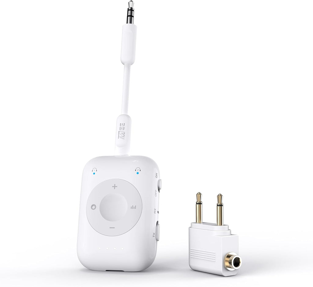 MEE audio Connect Air Pro Bluetooth Wireless Audio Transmitter & Receiver for AirPods or Bluetooth Headphones, 2-in-1 Adapter with Detachable Cable 3.5mm Aux Audio Jack for Airplanes, Auto, Gym, White