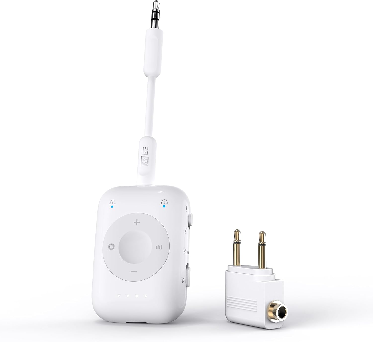 MEE audio Connect Air Pro Bluetooth Wireless Audio Transmitter & Receiver for AirPods or Bluetooth Headphones, 2-in-1 Adapter with Detachable Cable 3.5mm Aux Audio Jack for Airplanes, Auto, Gym, White