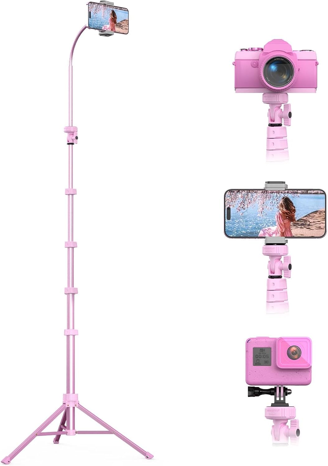 UBeesize 88’’ Flexible Phone Tripod with 14.95’’ Gooseneck, Remote and Phone Holder, Overhead Cell Phone Stand＆Selfie Stick for Video Recording, Compatible with iPhone Android Phone, Camera Pink
