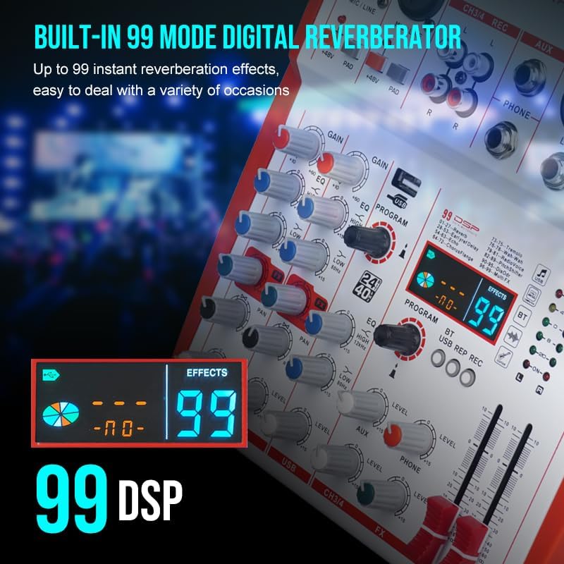 mw-4 white 4Channel Audio Mixer with 99 Sound Effects for PC,Portable Sound Mixing Console with BT USB Recording Input for Live Streaming,Podcasting